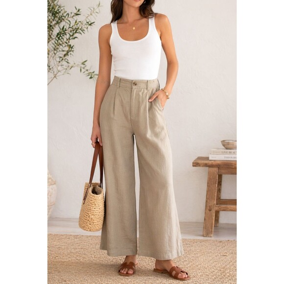 Zara Pants - Zara Linen Wide Leg Pants Small Tan High Rise Minimalist Summer Coastal